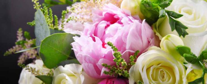 Composition with bouquet of freshly cut flowers.